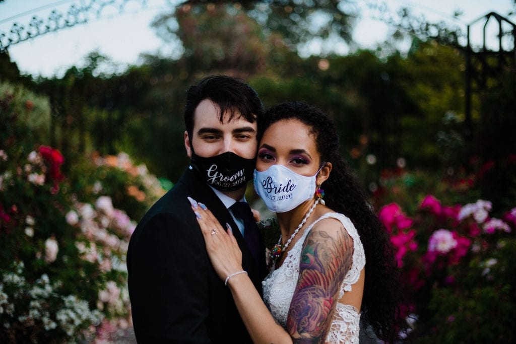 Victoria BC Couple with masks at their intimate wedding with COVID-19 Coronavirus.