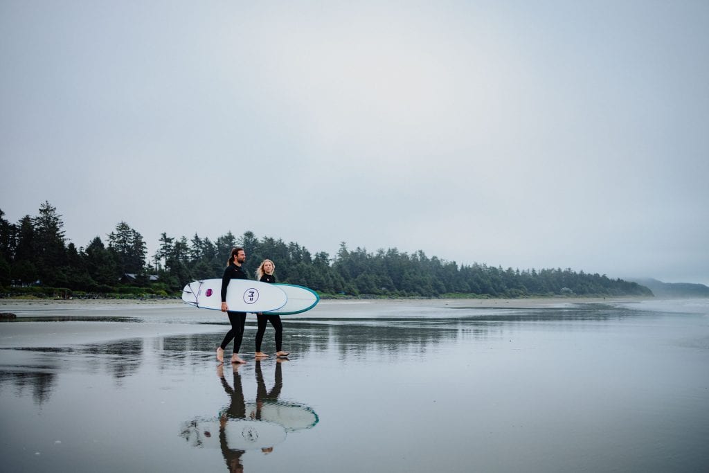Tofino couples photo session with surf boards