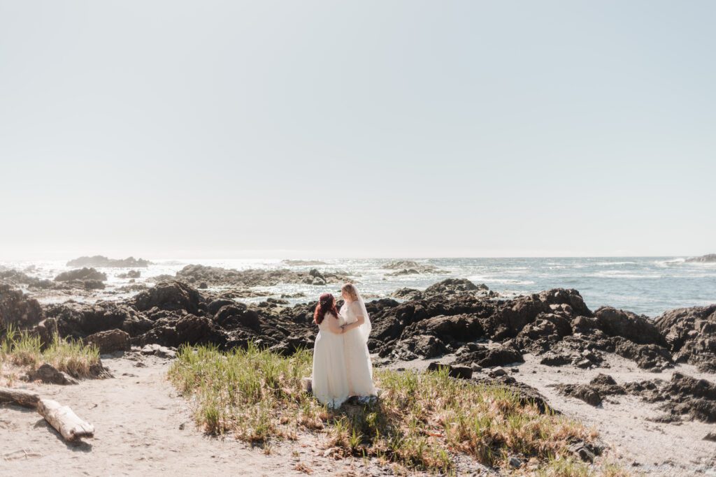 LGBTQ+ Couple on Big Beach in Ucluelet after their elopement. 
